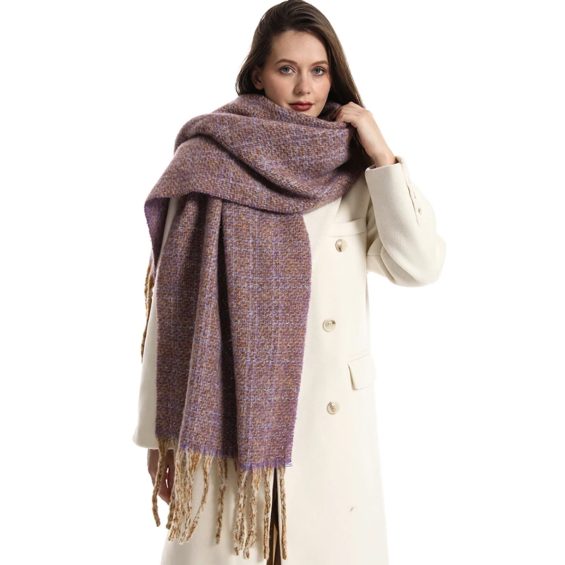 Wholesale large extra long shawl soft plaid acrylic knitted shawl tassel rectangle thick chunky women winter puffy plaid scarf