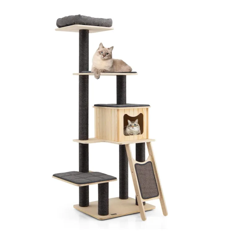 Natural Pet Sisal Climbing Scratcher Wood Condo Furniture Scratching Post Cat Tree Tower Pet Supplies
