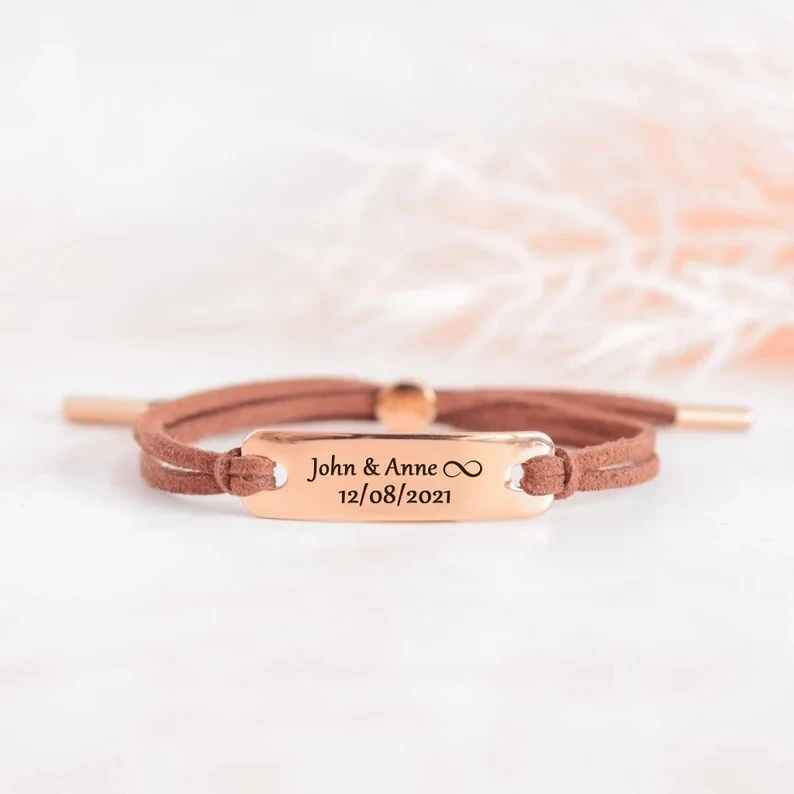 Fashion Stainless steel Jewelry Couples Cord Leather Bracelet Personalized Custom Text Name Friendship Bracelets For Lover