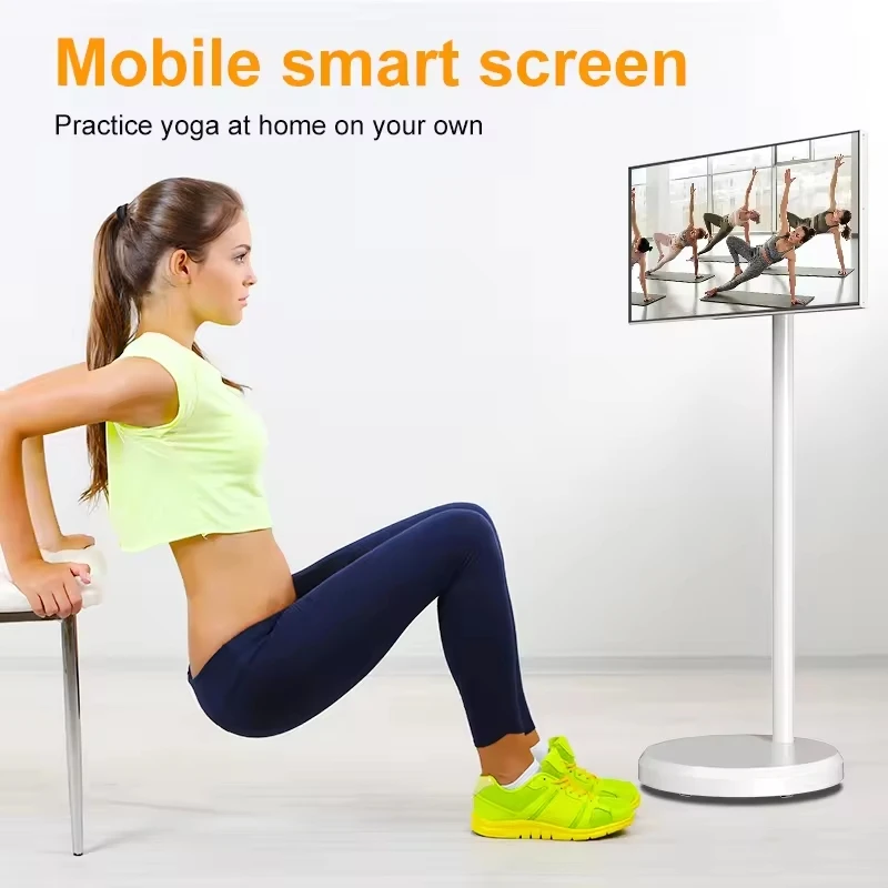 touch screen smart android tv mini Portable with battery bathroom mobile TV on wheels 21.5 inch 360 rotating tv stand