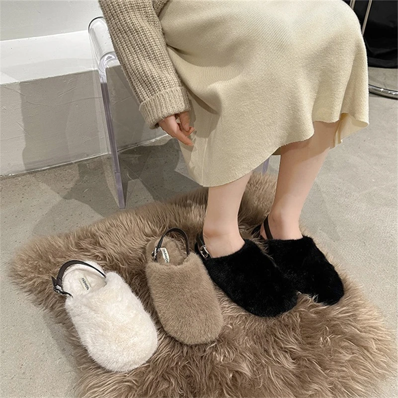 Winter fur slippers retro women flat slipper loafers autumn winter soft comfortable warm cotton shoes
