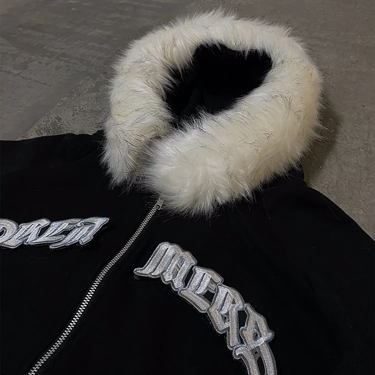 Custom High Quality  Keep Warm Fur Jacket Distress Embroidery Patch Heavyweight Zip Up Fur Hoodies Men