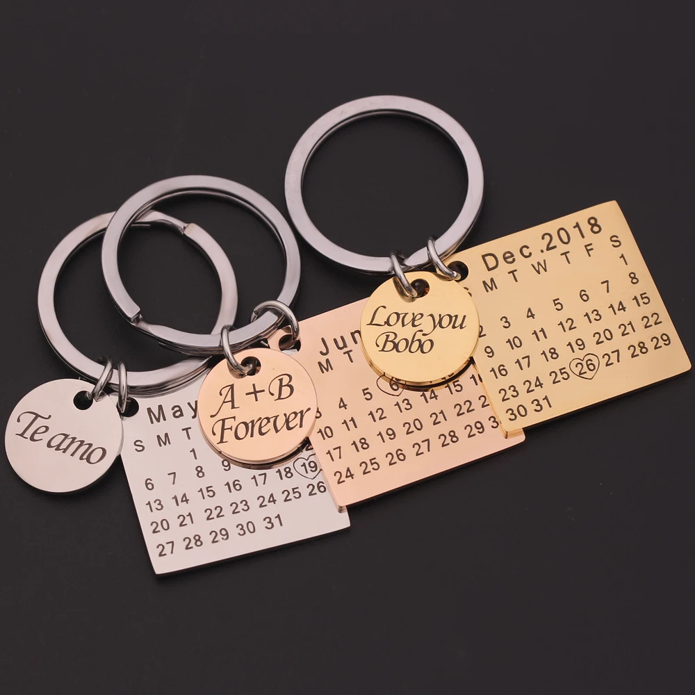 Personalized Custom Calendar Keychain Stainless Steel Key Chain Key Ring Heart Date Engraved Birthday Wedding Anniversary Gift