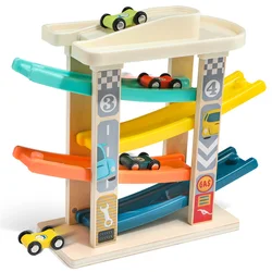Topbright Educational Wooden Four-track Four Slide Trucks Track Racer kids racing track toy