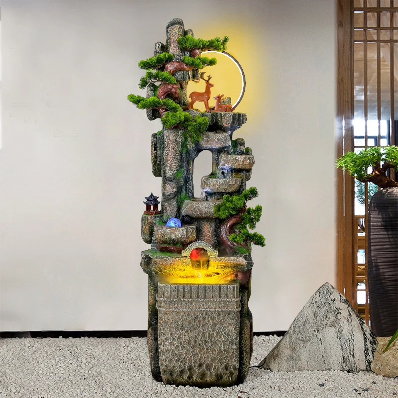 Outdoor Garden Landscape Ornaments Creative Resin Water Fountain Waterfall with Nebulizer Light for Luxury Home Decor