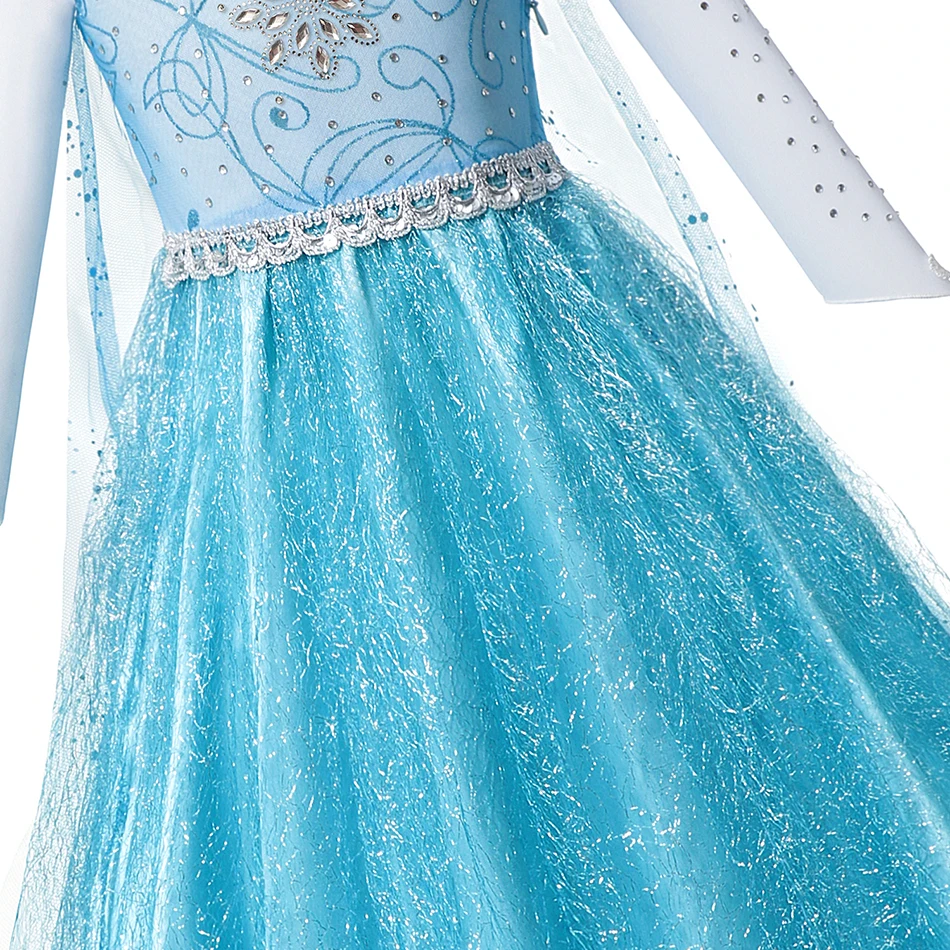  Платье Эльзы для девочек с длинным шлейфом кружевом блестками и разрезом на подоле осенние детские праздничные костюмы принцессы рукавом ролевых