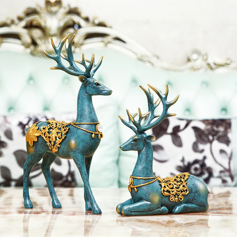 2 Pcs European Style Resin Deer Figurine Statue Home Room Decor Crafts Sculpture Modern Art ornaments