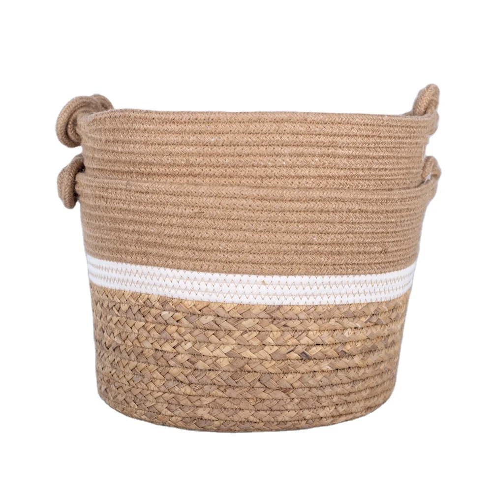 Manufacturers customized oversize high quality cotton rope Woven basket of water hyacinth grass with Chinese knot handle