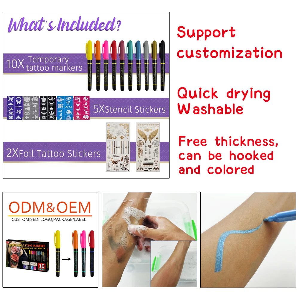 KHY Amzzon Hot Sale Non Toxic Body White Tattoos Tatoo Washabl Skin Temporary Tattoo Marker Pen
