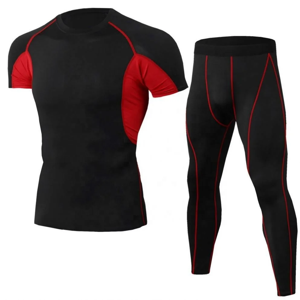 Hot Selling Custom Polyester Spandex Short Sleeve Two Piece Workout Gym Clothing Fitness Wear Set For Men Tights