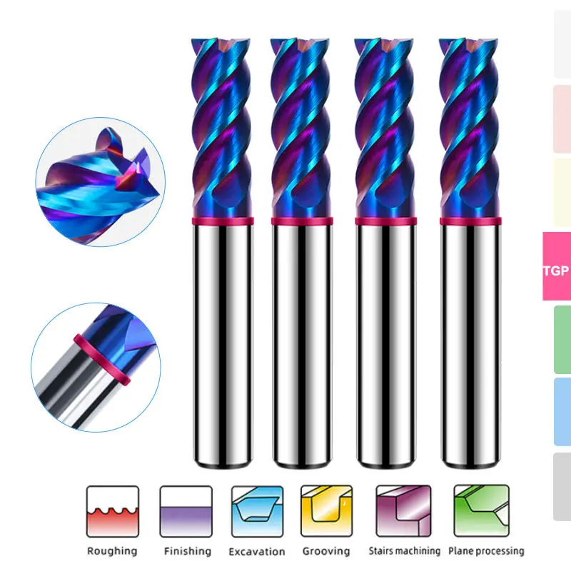 Endmills Color-Ring Blue Nano Coating Steel Carbide Flat bottom Milling Cutter For CNC Mechanical