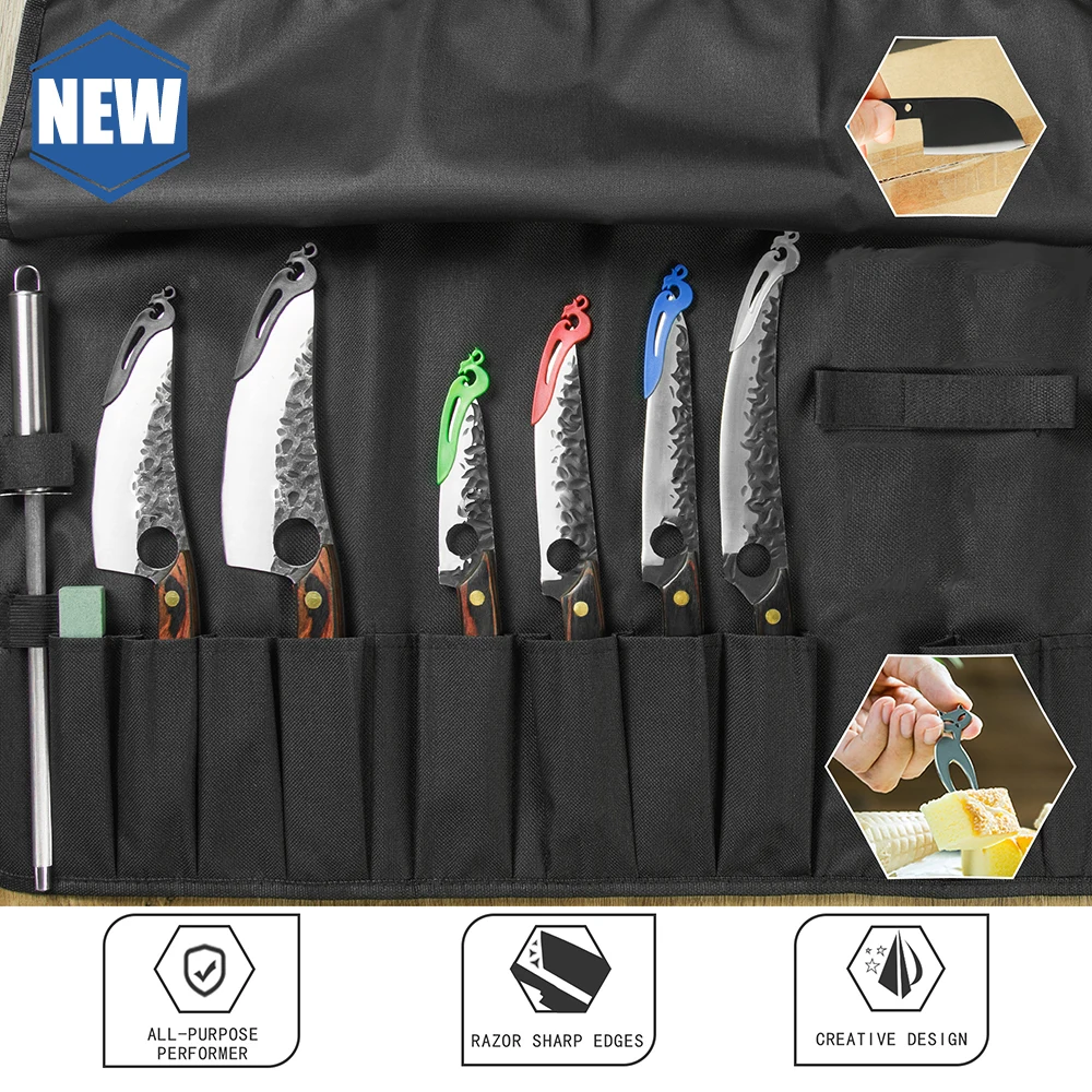 Xingye 3cr13 Stainless Steel Dark Brown Wood Handle Copper Nails Hollow Hammer Pattern 6CPS Kitchen Knives Rolling Bag Sharpener