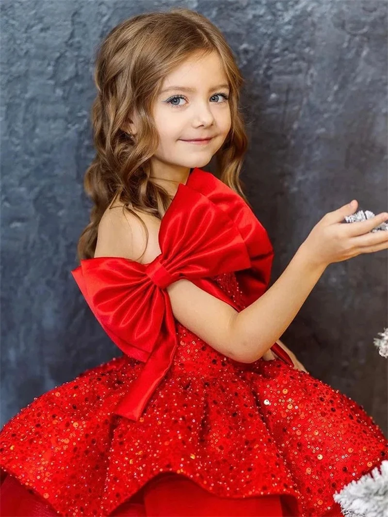 2024 Newest Children Christmas Party Prom Gown One Shoulder Bow Princess Sequin Puffy Dresses Baby Girls Ball Gown