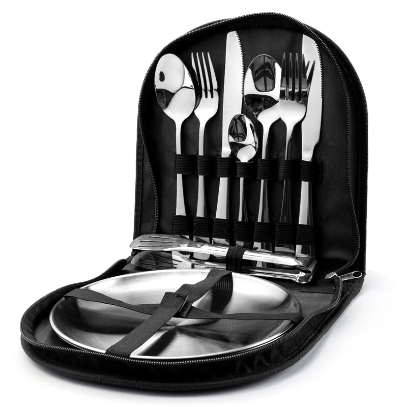 11pcs Portable Picnic Cutlery Set Stainless Steel Outdoor Barbecue Plate Knife Fork Spoon Classic Design Sustainable Camping
