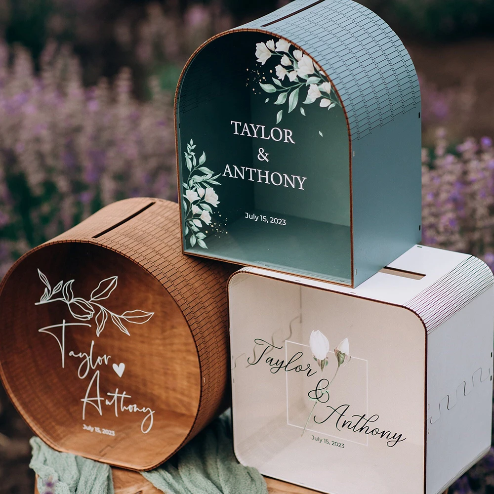 Personalized Wooden Card Box for Weddings Acrylic Glass Printed Memory Box for Cards Gifts Couple Place Cards Table Numbers