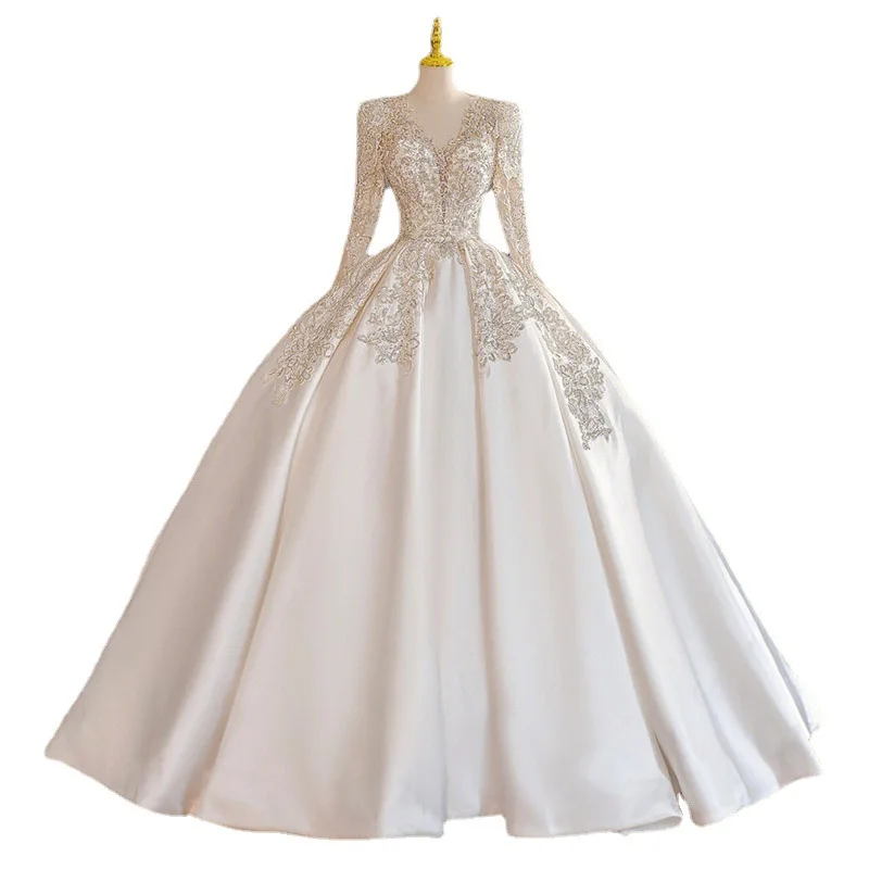 Long Sleeve Bridal Wedding Dress Bride Satin Court Long Sleeve Wedding Ball Gowns Dress