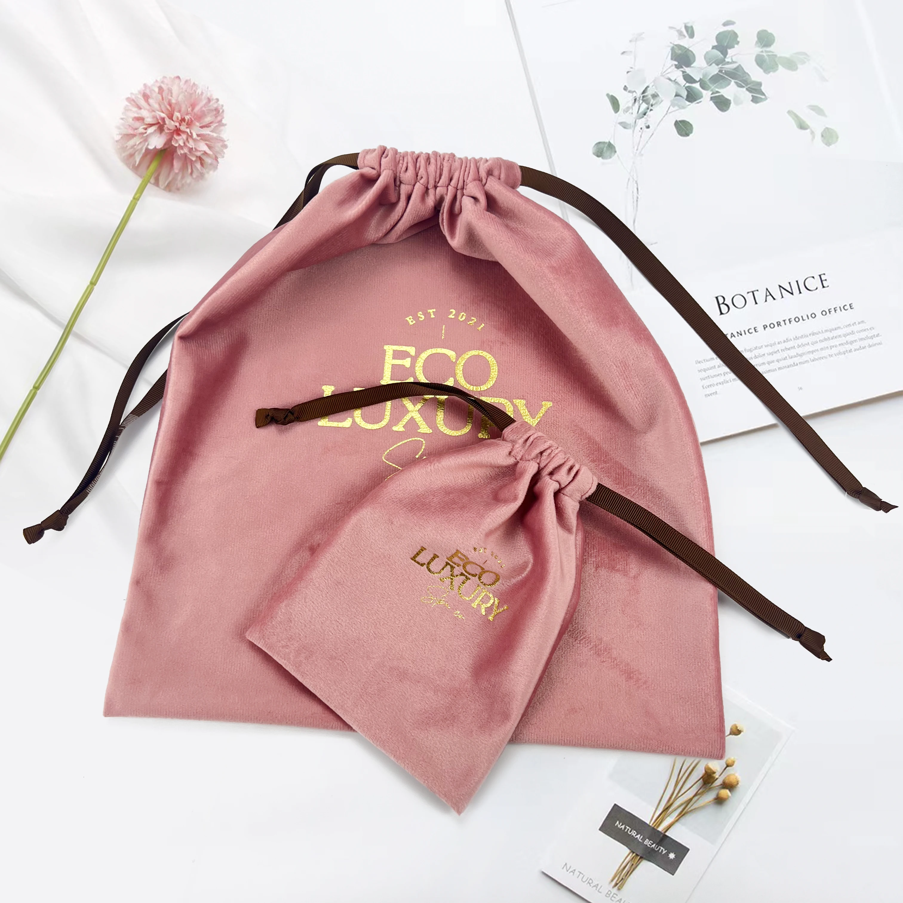 Custom Logo Gold Stamping Printed Plush Cotton Velvet Jewelry Pouch Soft Gift Packaging Drawstring Dust Bag