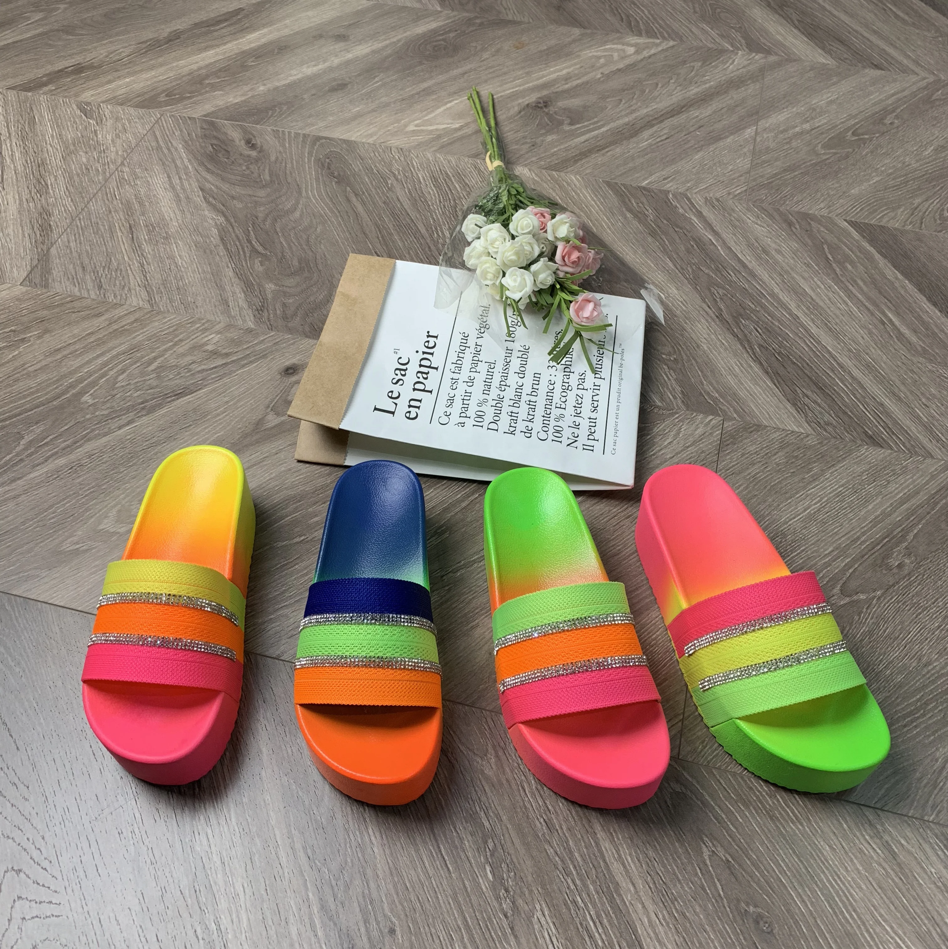
Diamond lady Rainbow Slippers Colorful Summer Heel Slides Sandal Beach PVC Shoes For Women 