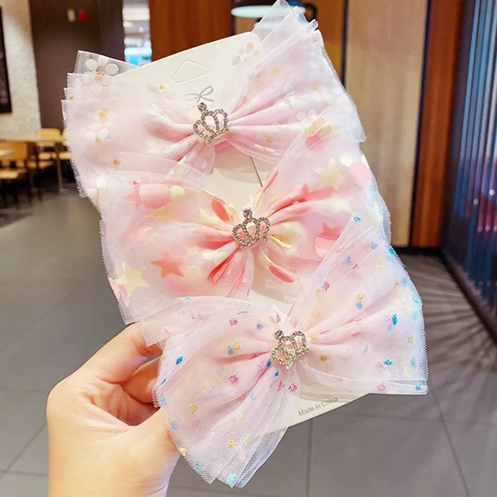 Spring Summer New Girls Cute Print Chiffon Big Bow Crown Hairpins Sweet Headband Hair Clips Barrettes Fashion Hair Accessories