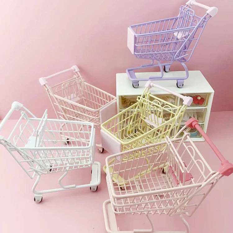 Wholesale High Quality Creative Mini Carrito De Compras Pink Metal Desktop Decoration Kids Mini Trolley Shopping Cart