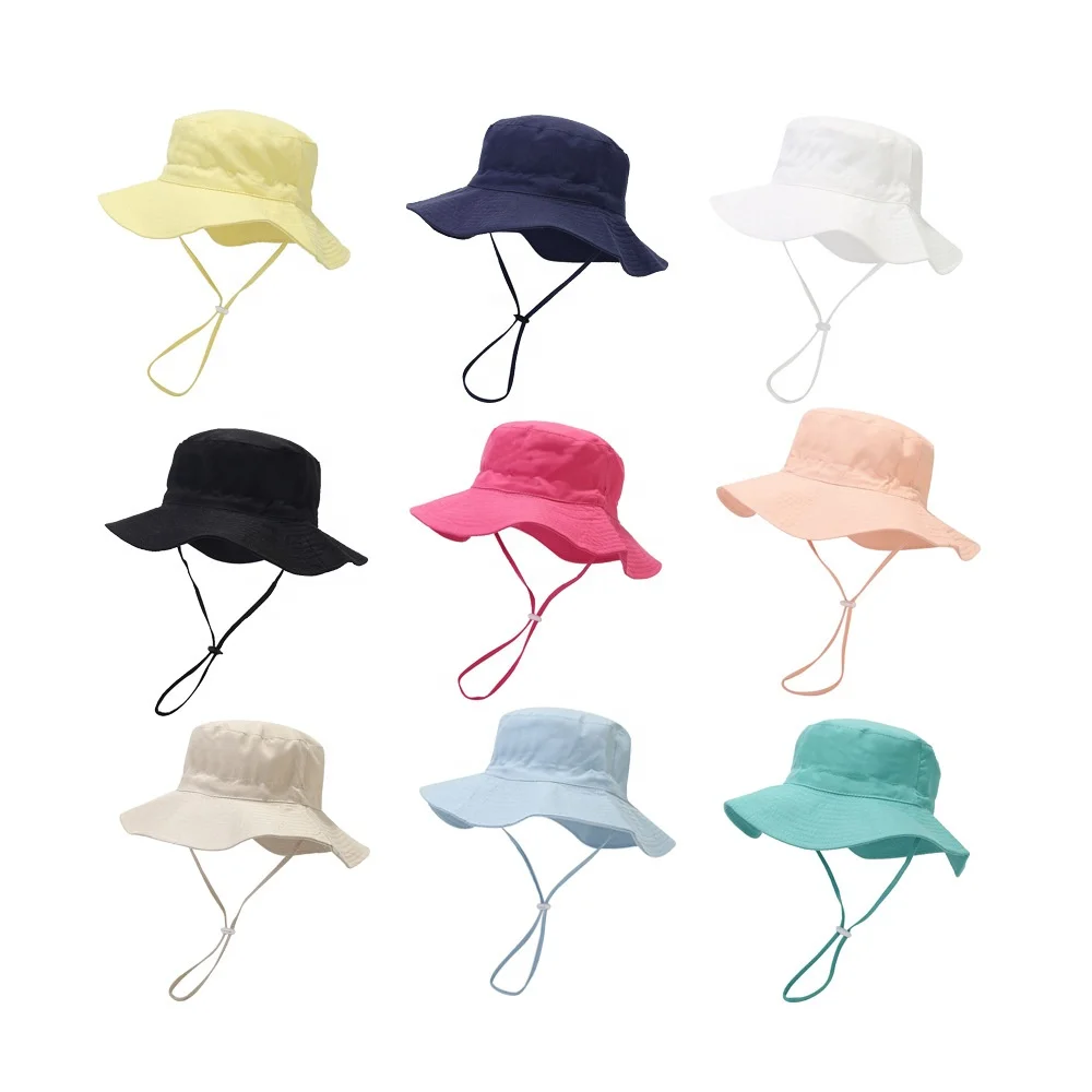 Lovely Baby Children Foldable Breathable Sun Protection Fishing Caps Kids Plain Bucket Hats with String Wholesale Custom Summer