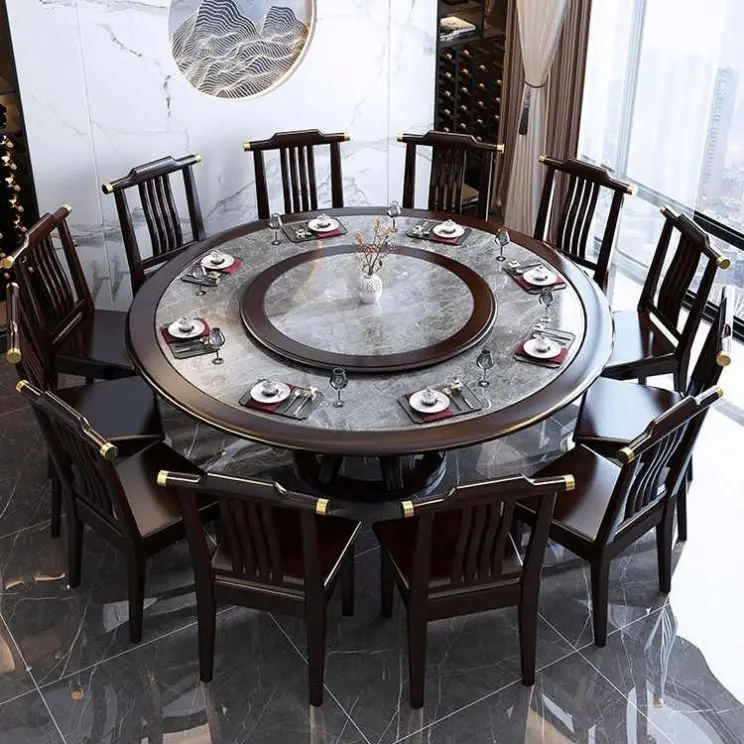 New Chinese Style Hotel Family Dining Room Rock Panel Full Solid Wood With Turntable Dining Table And Chair Combination