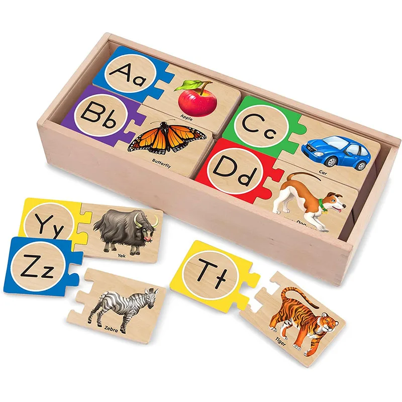 Alphabet Wooden Puzzles With Storage Box 52 pcs Letter Puzzles Wood Alphabet Animals Puzzle Educataional Toy Kids Gift Box Set