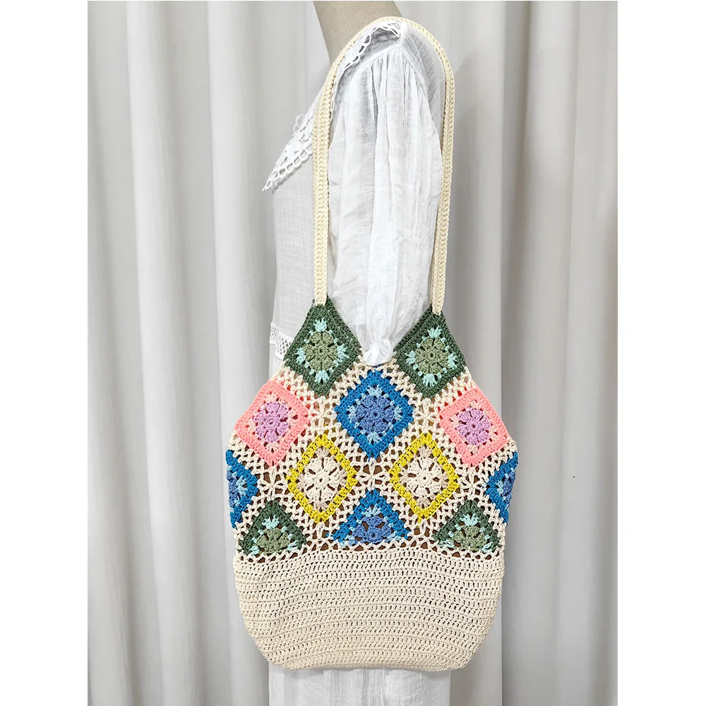 Factory Bohemian Handmade Crochet Party Granny Colorful Square Hobo Flowers Cotton Cord Tote Shoulder Bag Casual Shopping Bag