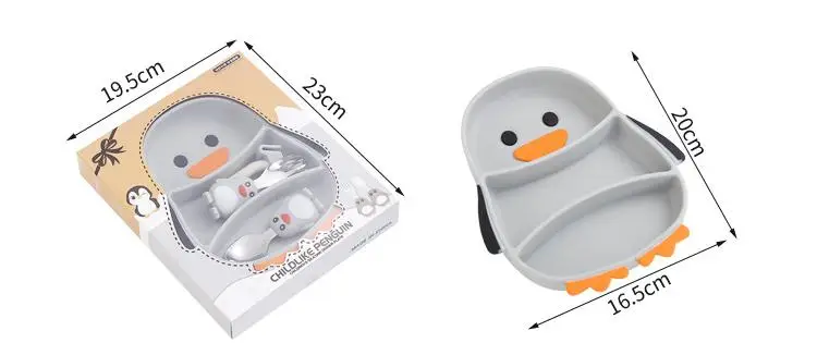 Infant Baby Kids Silicone Tableware Set Strawberry Carrot Penguin Mushroom Shape Silicone baby Feeding Dinner Plate Cutlery Set