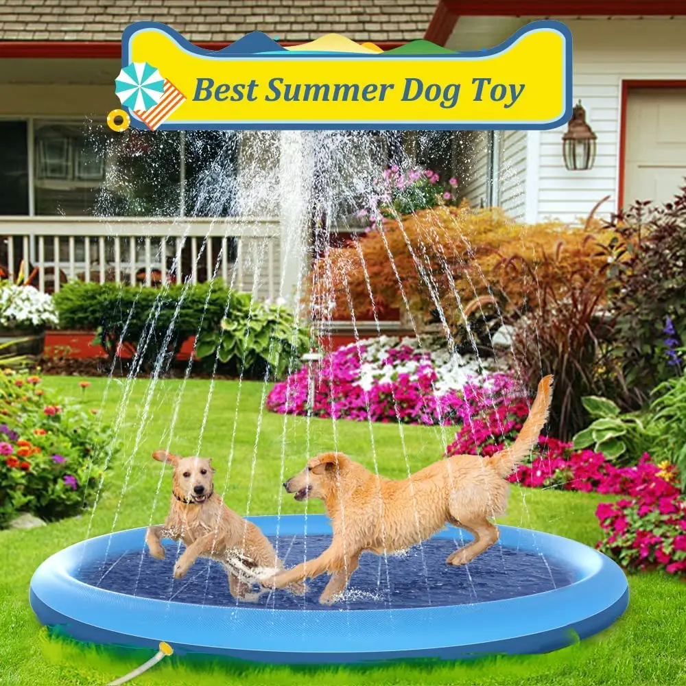 Outdoor backyard dog sprinkling water sprinkling children and dog outside water toy girl boy splash mat