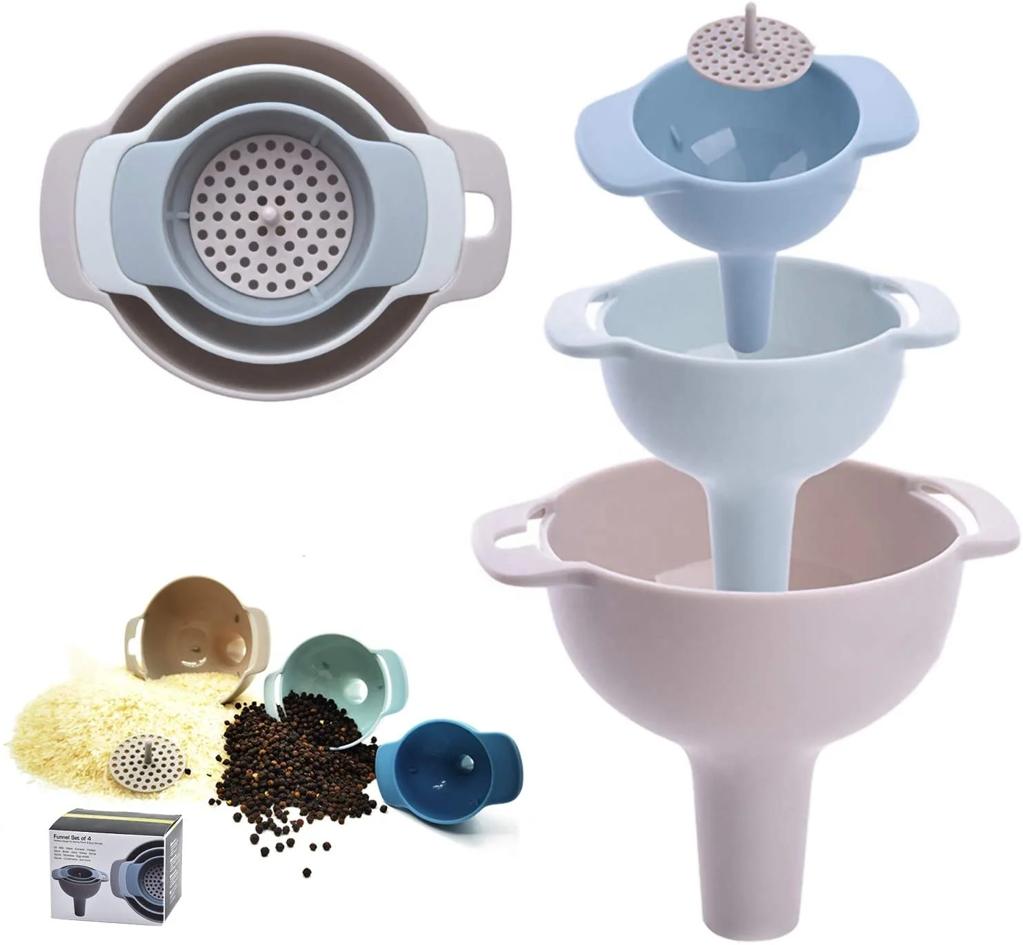 Kitchen Funnel  Nested Funnels with Handle Wide Mouth Food Grade Plastic Funnels with Detachable Strainer Filter