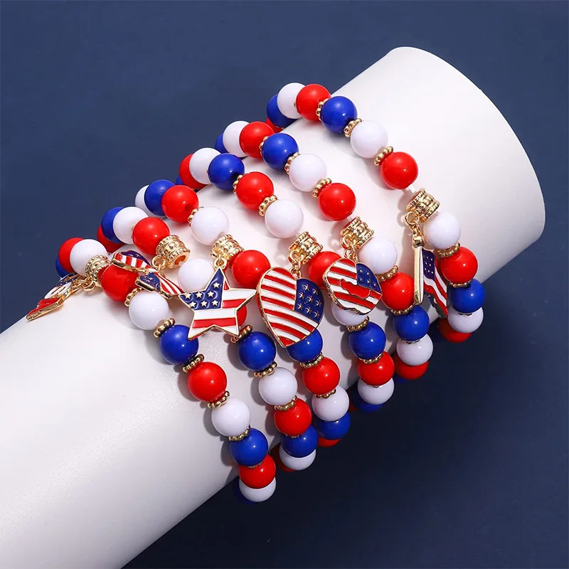 USA 4th of July Beaded Stretch Bracelets For Women American Flag Charm Red White Blue Beaded Woven Bracelets Independence Day