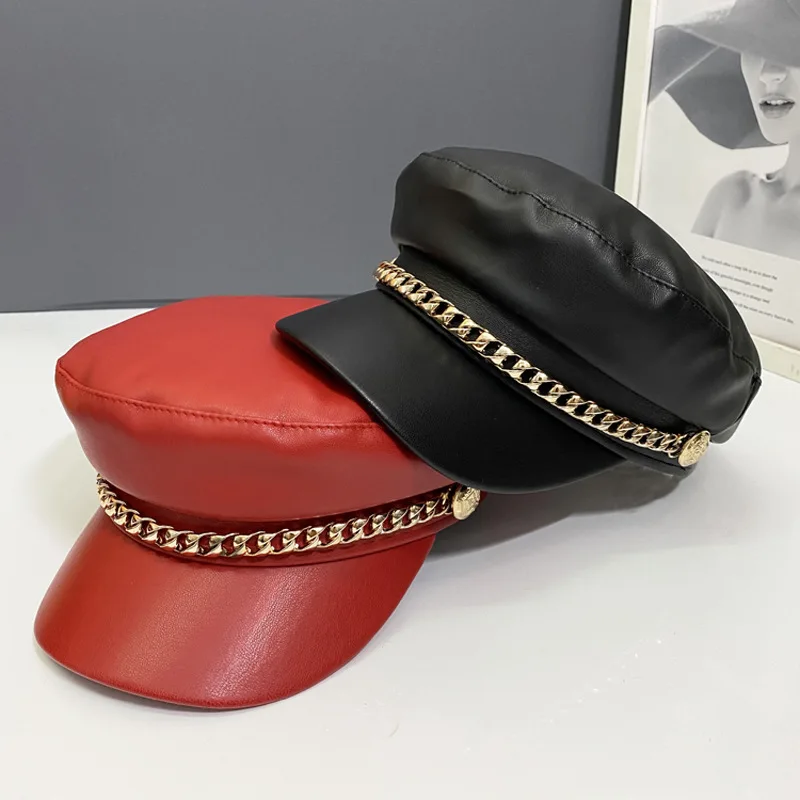 2023 New Fashion Chic Women Ladies  Pu Leather Captain Sailor Hat Newsboy Baker Boy Beret Fiddler Hat With Chain