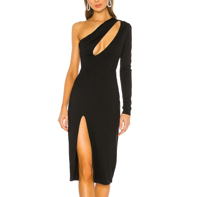 2025 Spring Female Sexy Elegant Stylish Custom Black One Shoulder High Slit Hollow Out Midi Fitted Knitted Dress for Woman