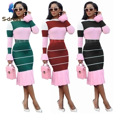 wholesale flare sleeve striped skirt 2 piece set women clothing midi dress office wear new fashion new fashion new fashion