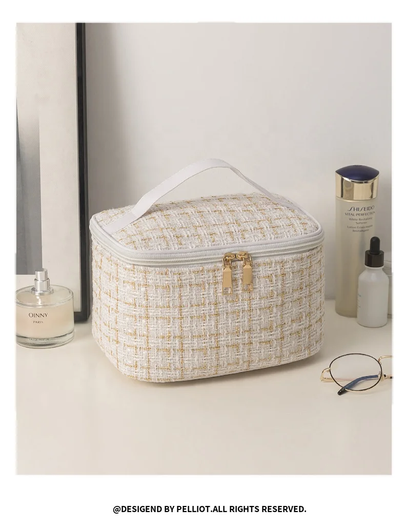 Travel Striped Makeup Bag Large Cosmetic Case Organizer Fits Bottles Vertically Top Layer Cosmetic Bag