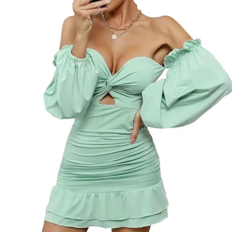 custom 2022 lady elegant casual summer fashion luxury women sexy wholesale Off Shoulder Bishop Sleeve Cut Out Ruched mini Dress