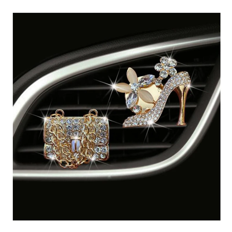 Crystal Bling Rhinestone Girls Purse High Heels Shoe Car Vent Clip Perfume Diffuser Air Freshener