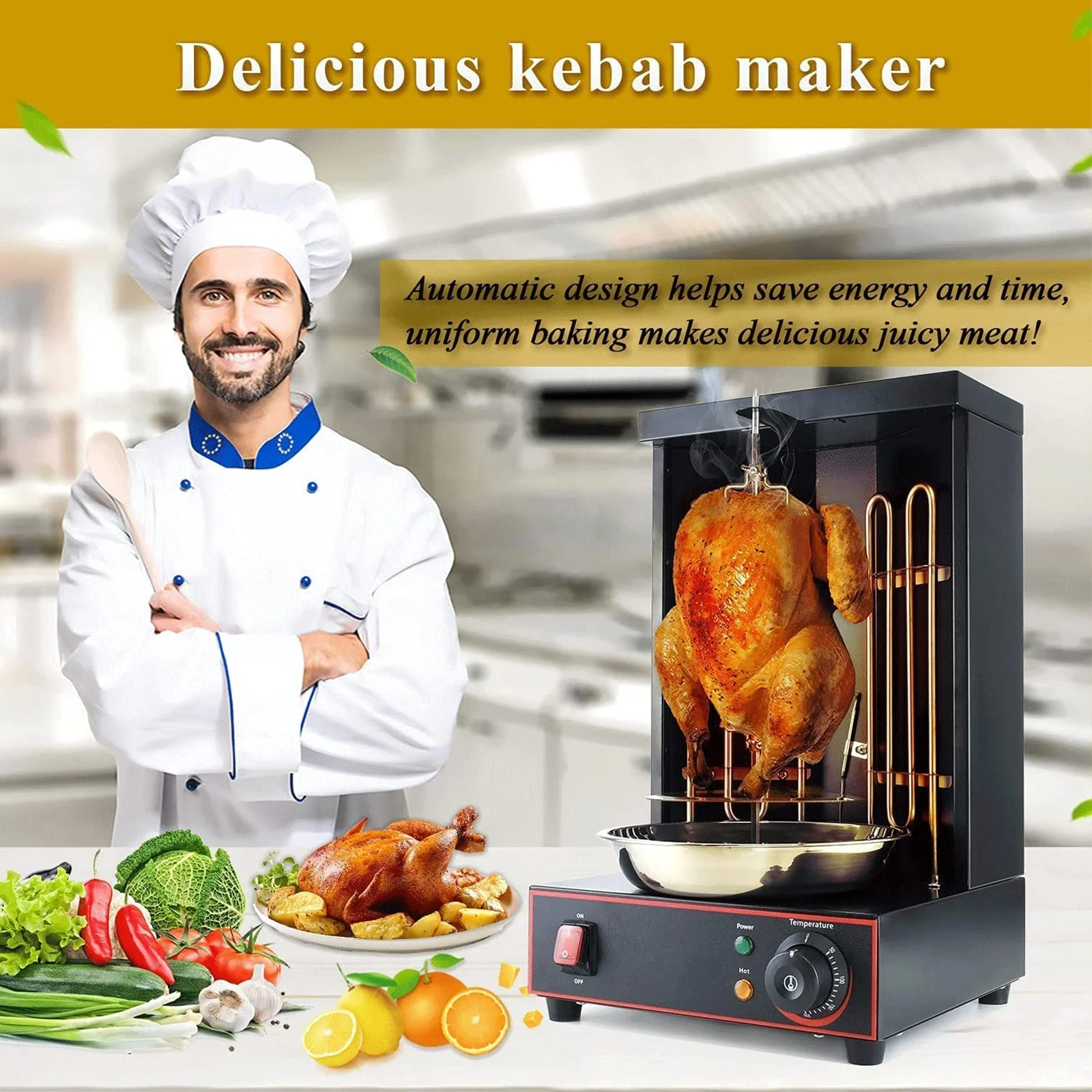 Electric Vertical Chicken Grill Machine Countertop BBQ Rotisserie Stainless Steel Body with 2 Burners
