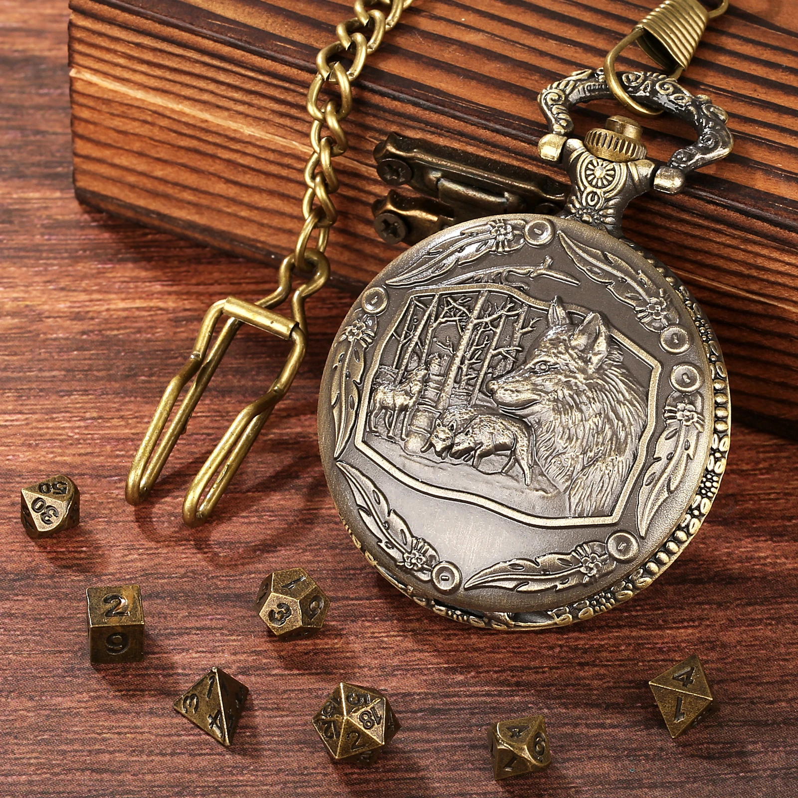Dnd Dungeons & Dragons Mini Board Game Cosplay Dice Metal Dice Set Dnd With Wolf Design Bronze Pocket Watch Case