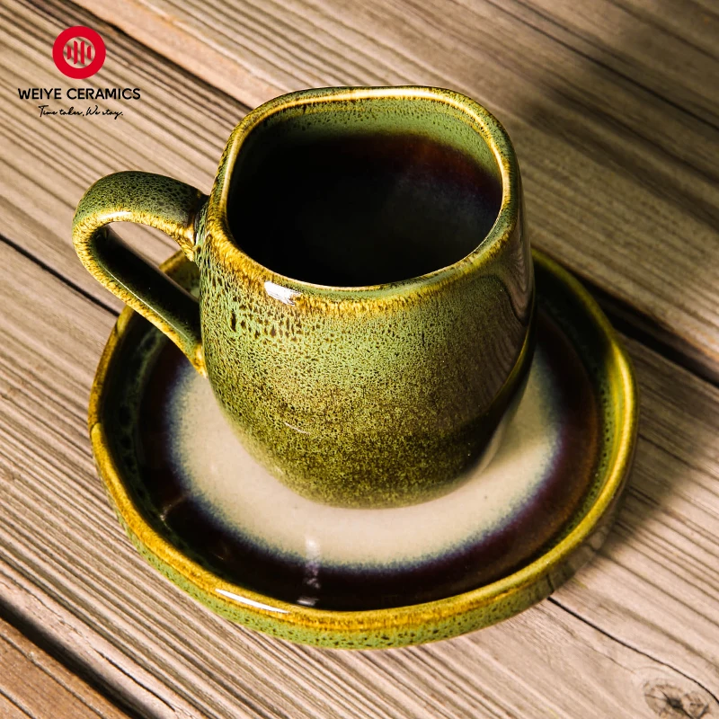 WEIYE Elegant green leaf pattern table ware chinaware ceramic porcelain tea cups and saucers for star hotel