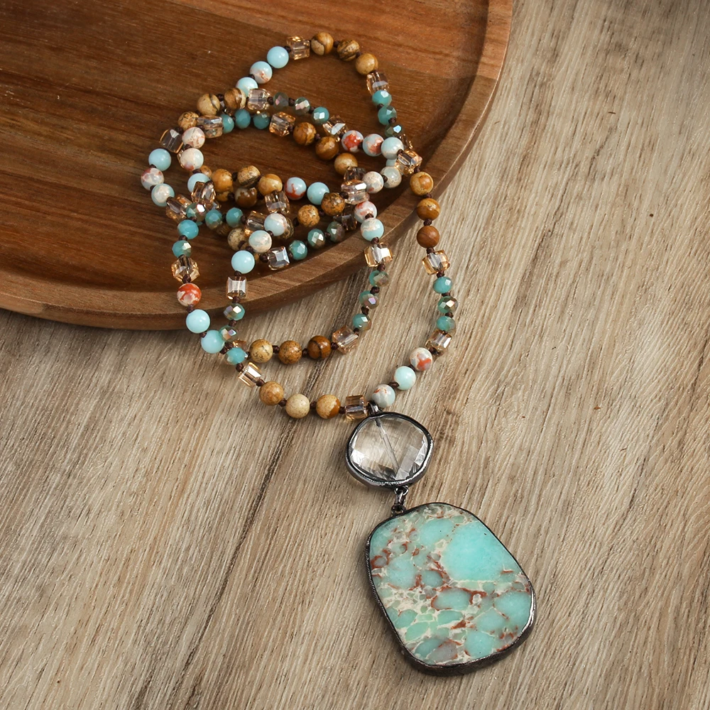 Fashion Bohemian Handmade Women Jewelry 6mm Natural Stone Crystal Glass Beads Knotted Necklace Irregular Stone Pendant Necklaces