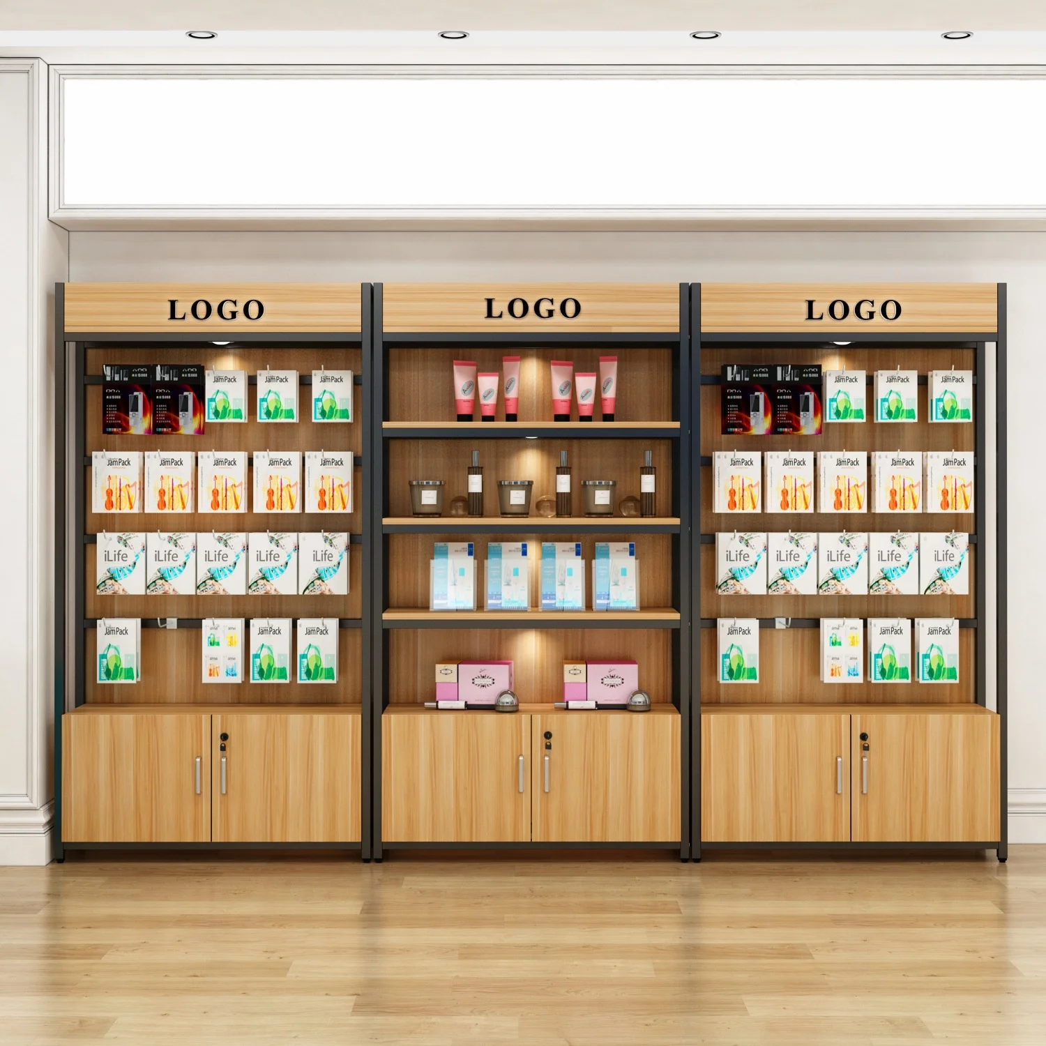 Factory direct hot pop wooden metal shelves miniso can customize supermarket display shelves