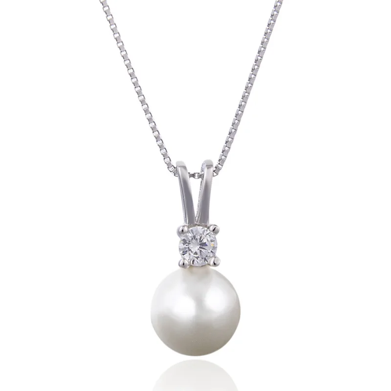 Large Faux Pearls Pendant 925 Sterling Silver Necklace Inlaid Shiny Round Cut Zircon Pendant Sweet Neck Jewelry For Women Girls