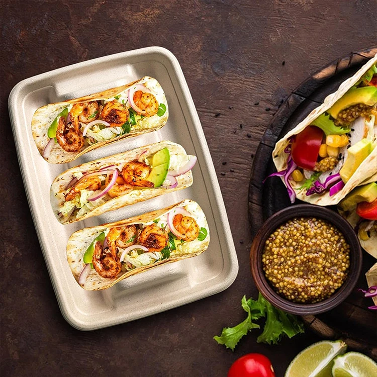 Fluoride-free Disposable Taco Holder Tray  Biodegradable Sugarcane Taco Tray Takeaway Togo Box Plates Taco Food Tray Container