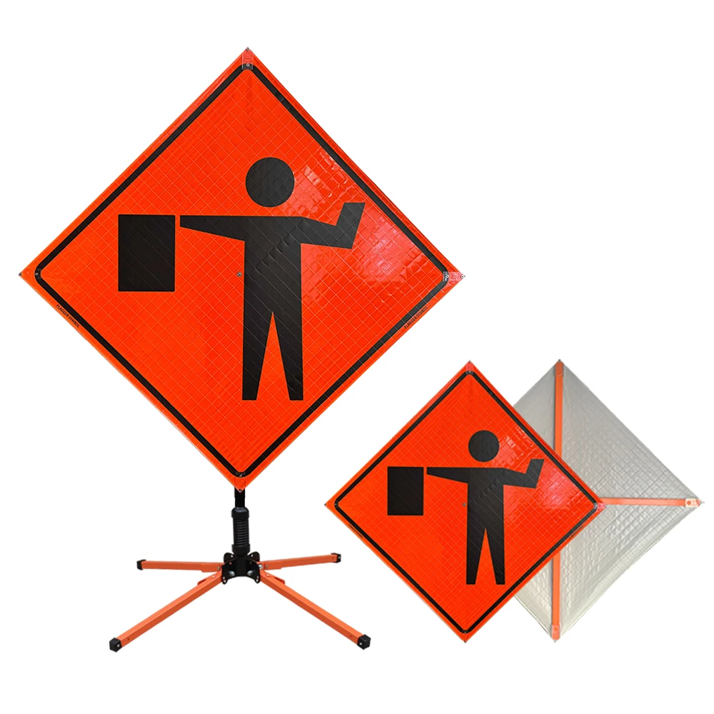 Reflective Flagger Symbol 48' Custom Vinyl Construction Road Utility Work Ahead Sign Roll Up Traffic Sign Stands