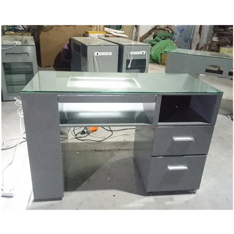 LED glass top new design nail tables lamp salon furniture modern manicure