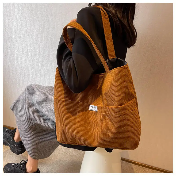 Wholesale High Quality Reusable Custom carry corduroy shoulder shopping tote bag