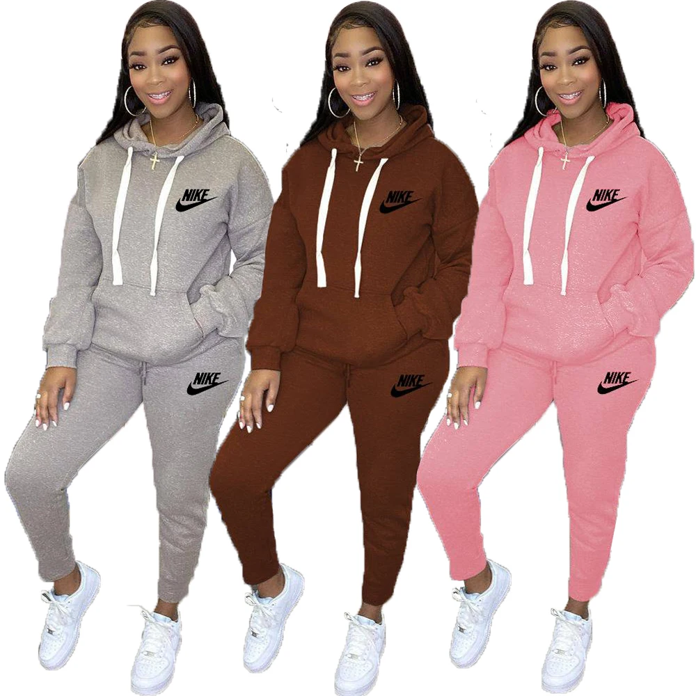 New Upgrade Nike High Quality Fall Pullover Solid Color Sweatsuit Women Joggers Sport Long Sleeve 2 Piece Hooded