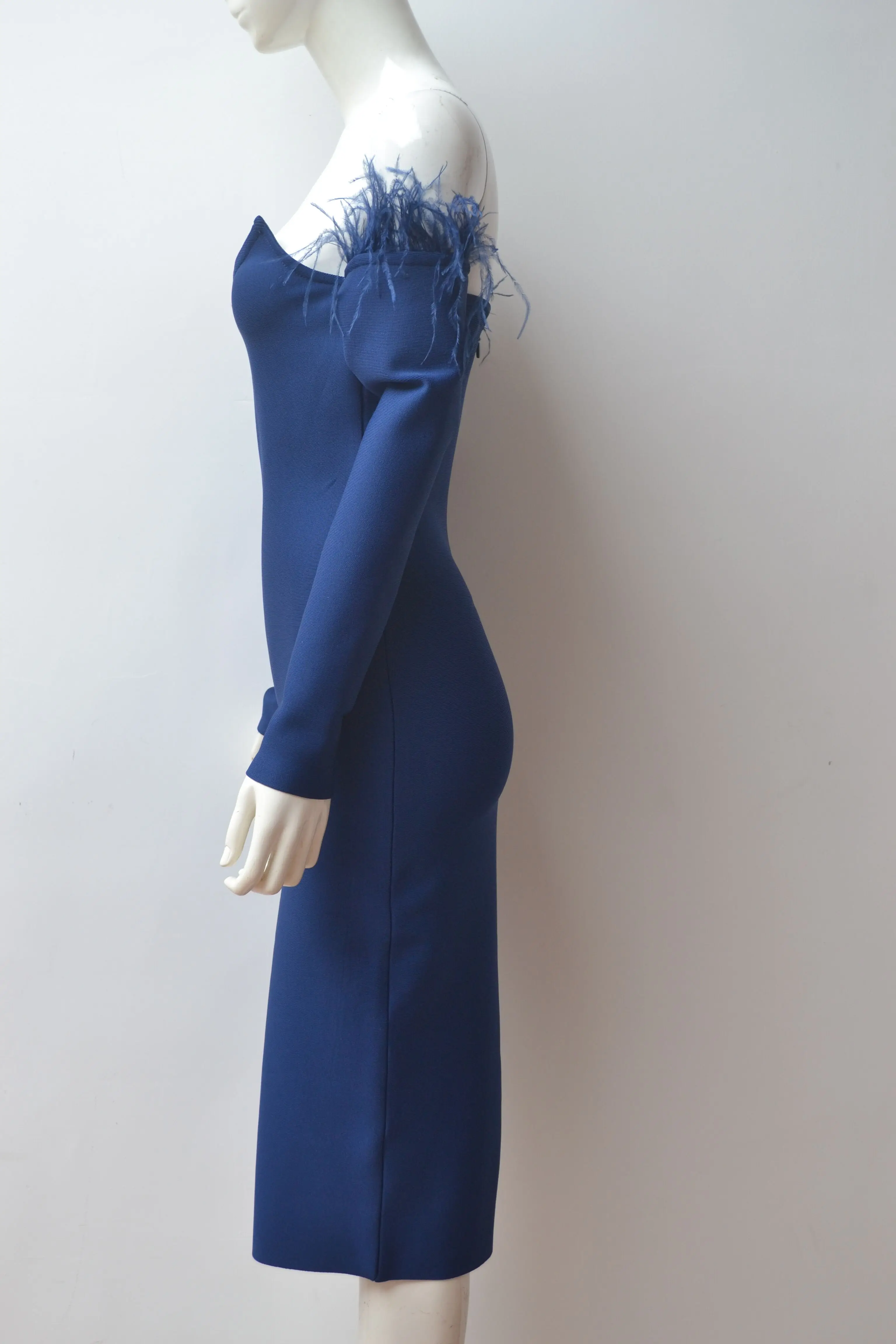 Ladies Party Knitted Dress Blue Feather Long Sleeves Midi Dress Sexy Off shoulder Bandage dress
